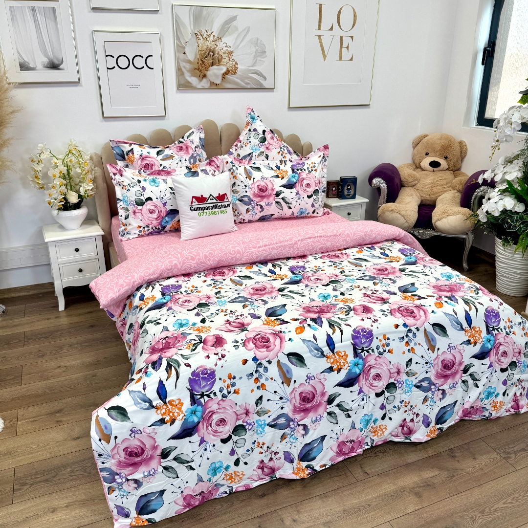 Lenjerie pat dublu,  FINET, 6 piese, cu ELASTIC, Jojo Home, Alb-Roz, flori - imagine 3