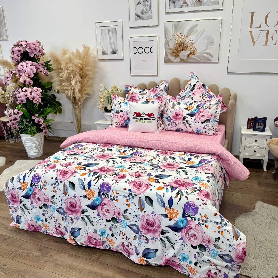 Lenjerie pat dublu,  FINET, 6 piese, cu ELASTIC, Jojo Home, Alb-Roz, flori - imagine 4