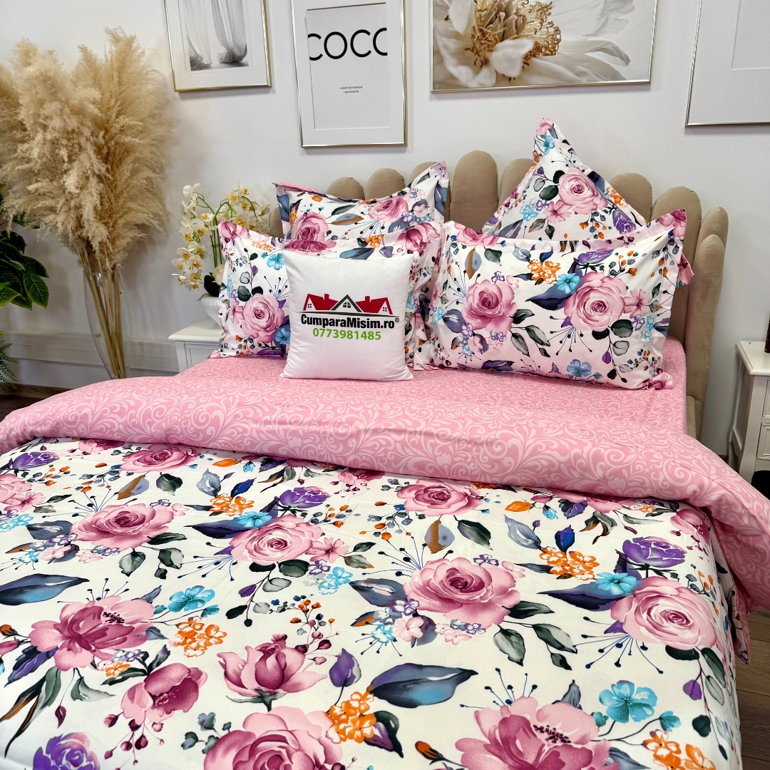 Lenjerie pat dublu,  FINET, 6 piese, cu ELASTIC, Jojo Home, Alb-Roz, flori - imagine 5