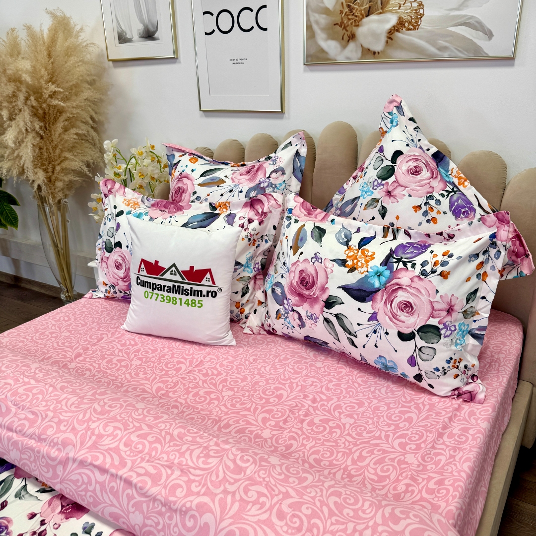 Lenjerie pat dublu,  FINET, 6 piese, cu ELASTIC, Jojo Home, Alb-Roz, flori - imagine 6