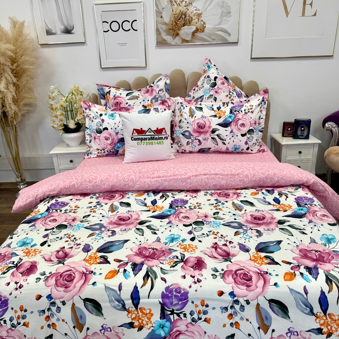 Lenjerie pat dublu,  FINET, 6 piese, cu ELASTIC, Jojo Home, Alb-Roz, flori - imagine 7