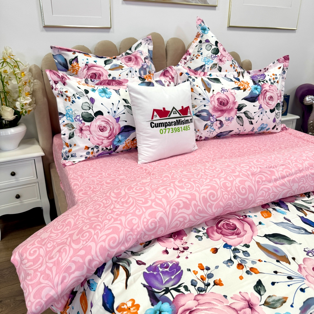 Lenjerie pat dublu,  FINET, 6 piese, cu ELASTIC, Jojo Home, Alb-Roz, flori - imagine 8