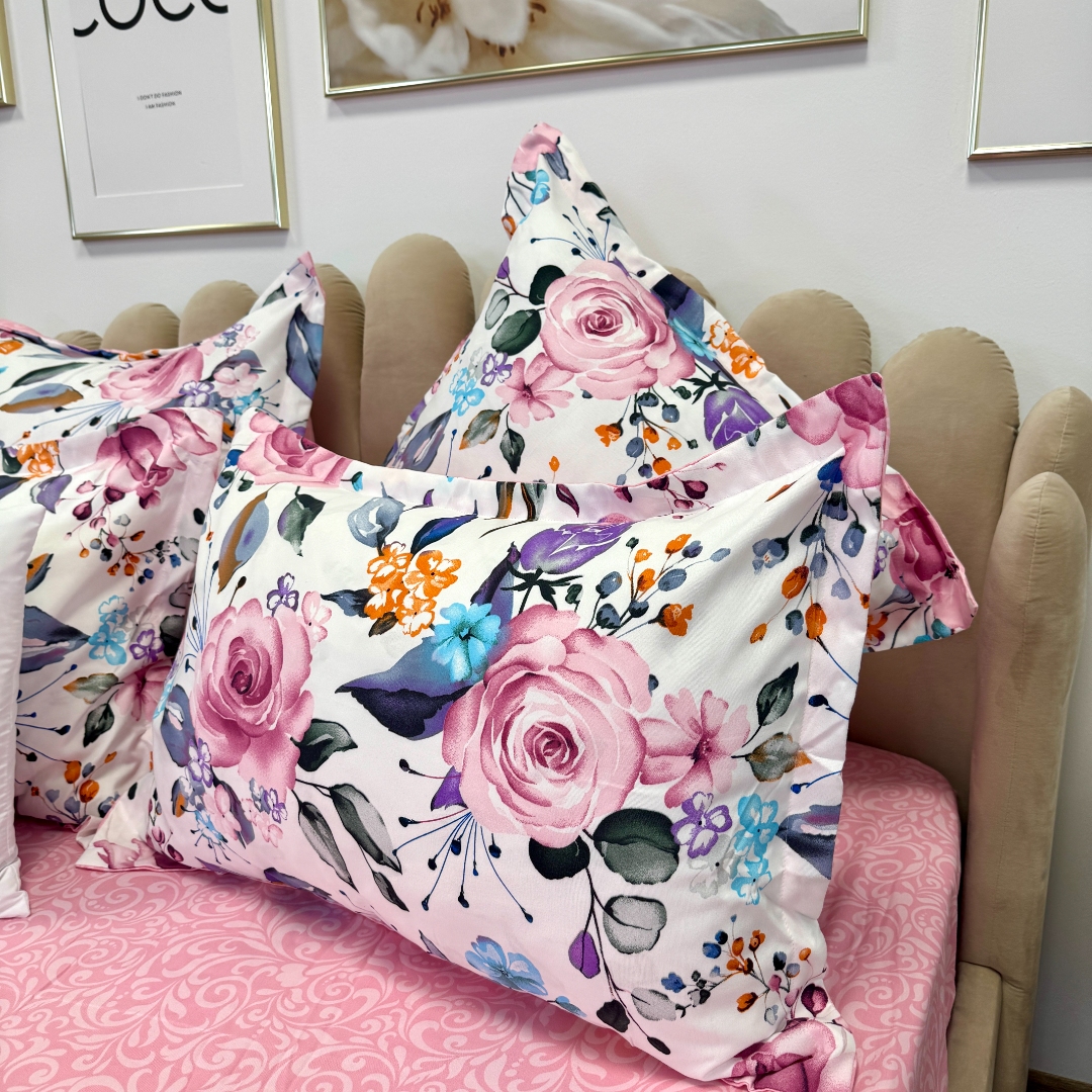 Lenjerie pat dublu,  FINET, 6 piese, cu ELASTIC, Jojo Home, Alb-Roz, flori - imagine 9