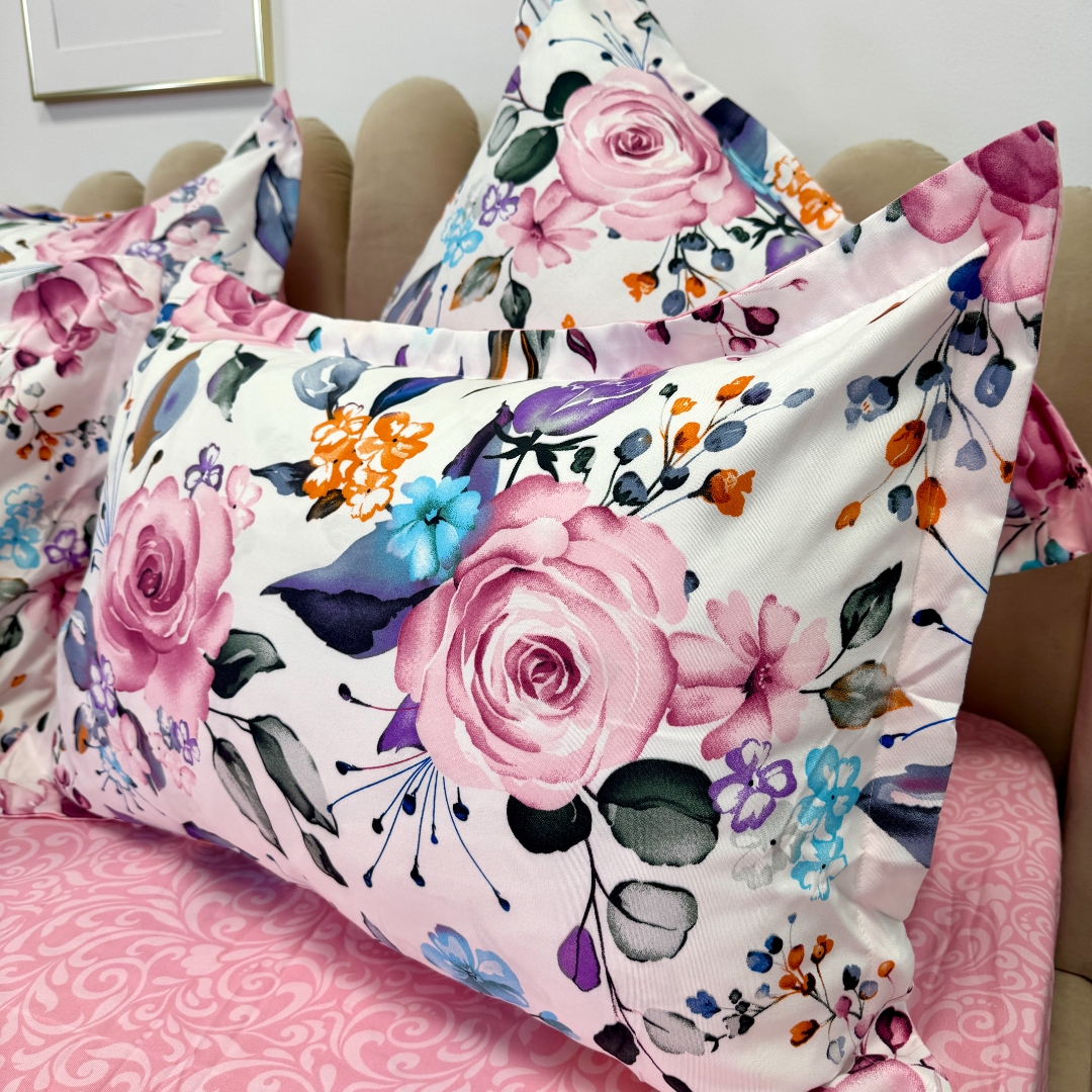 Lenjerie pat dublu,  FINET, 6 piese, cu ELASTIC, Jojo Home, Alb-Roz, flori - imagine 10