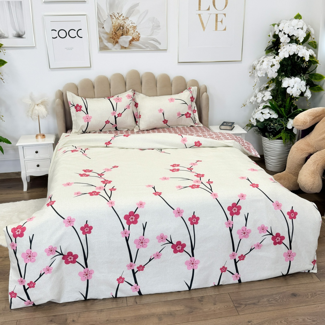 Lenjerie pat dublu bumbac satinat - 3 Bucati 219 Lei -   Roz flori de cires - imagine 3