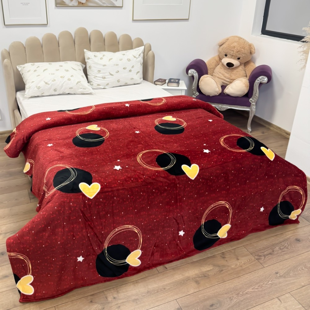 Patura Pufoasa CoCoLiNo (Fleece), 200x230cm, 240gr/mp, Visiniu, Inimioare - Rasfatul Perfect pentru Serile Racoroase - 2