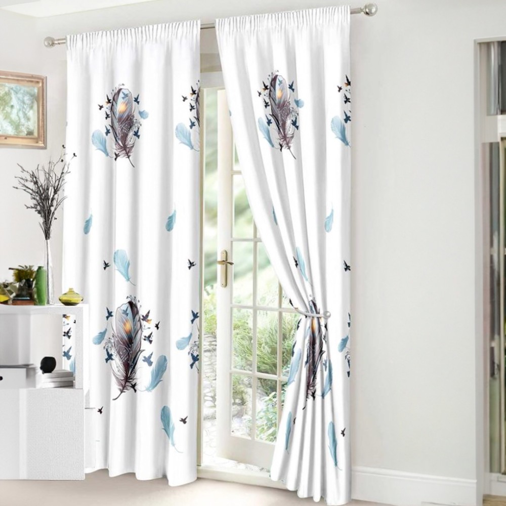 Set Lenjerie pat dublu cu Elastic (140x200cm) + 2 draperii, finet, 6 piese, Alb, Bleu, Pene — imaginea 2