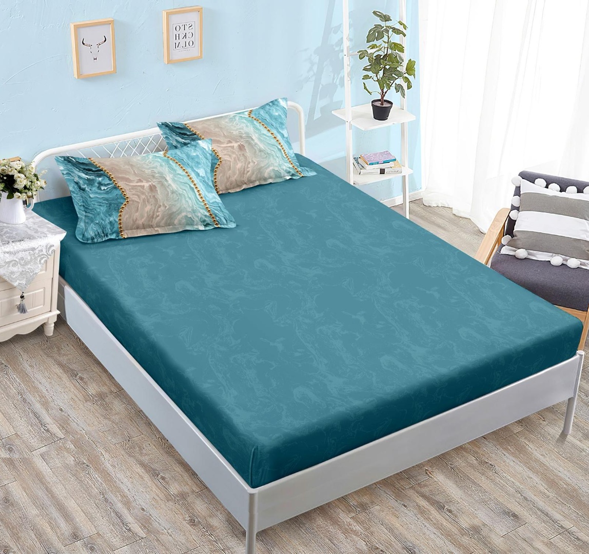 Lenjerie pat dublu cu ELASTIC, Finet, 6 piese, Albastru Aqua, valuri abstracte, perle - imagine 2