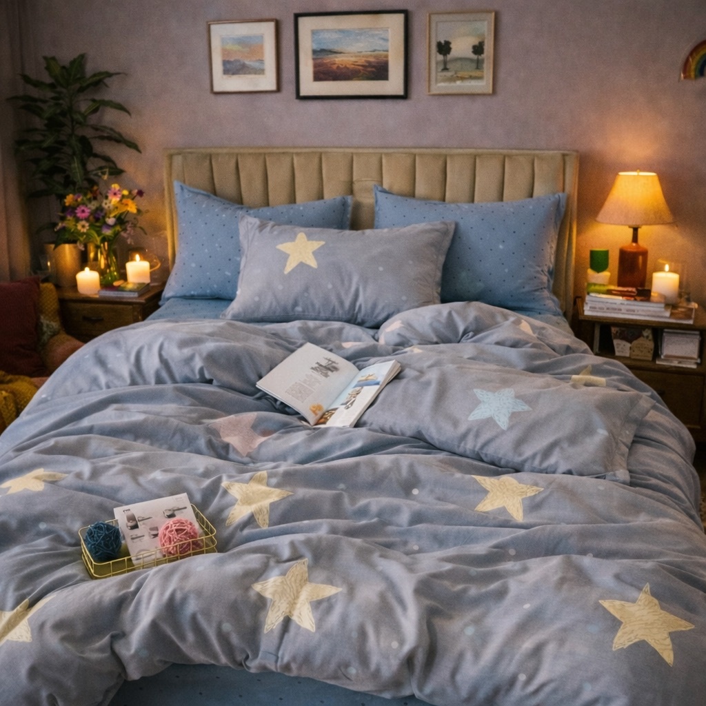 Lenjerie pat dublu, Finet, 6 piese, Gri, stelute - view 3