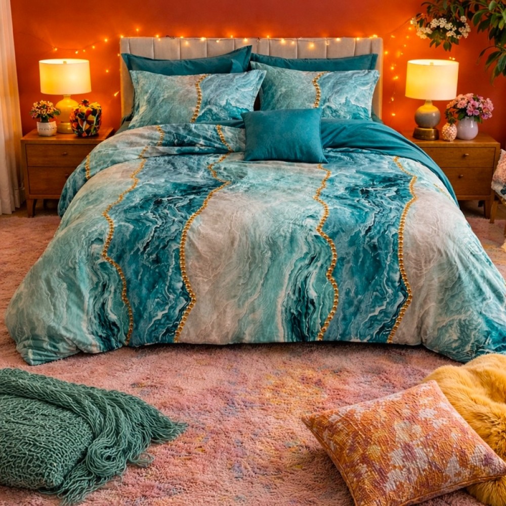 Lenjerie pat dublu, Finet, 6 piese, Albastru Aqua, valuri abstracte, perle — imaginea 2