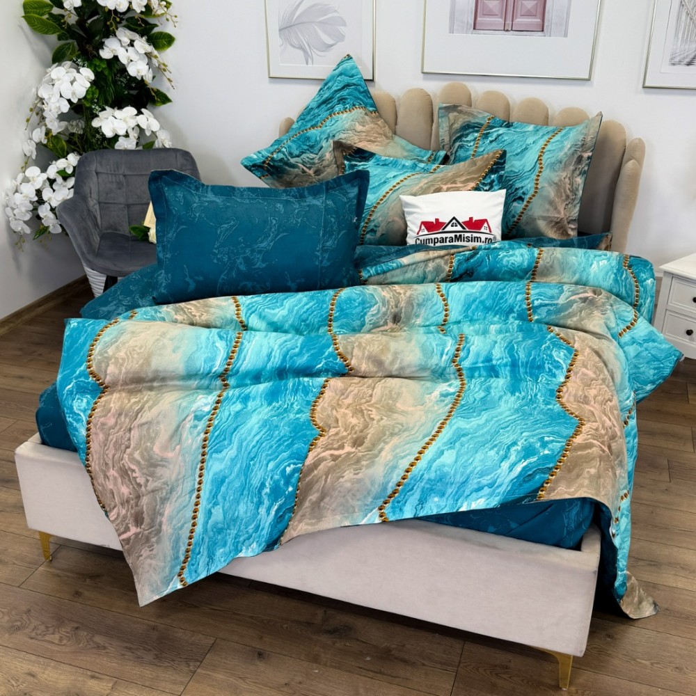 Lenjerie pat dublu, Finet, 6 piese, Albastru Aqua, valuri abstracte, perle — imaginea 3