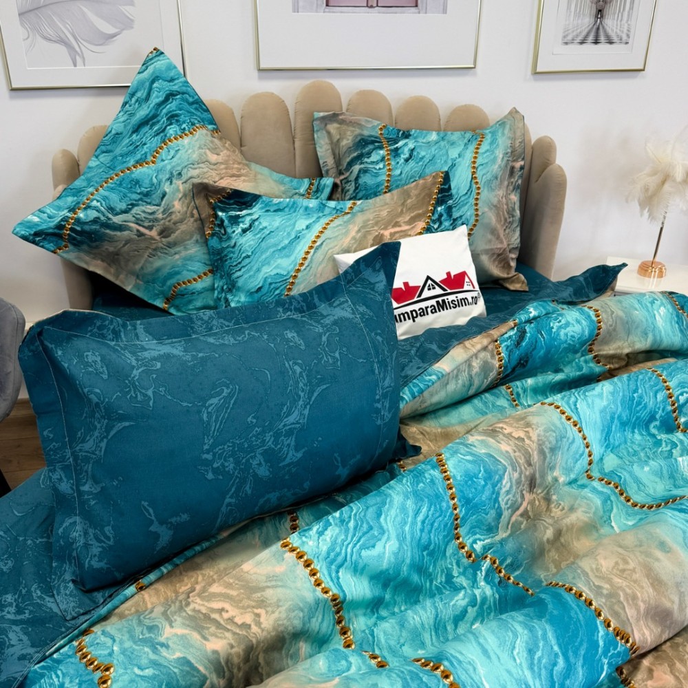 Lenjerie pat dublu, Finet, 6 piese, Albastru Aqua, valuri abstracte, perle — imaginea 4