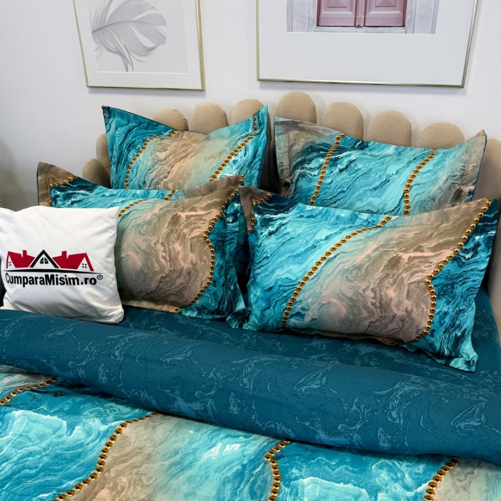 Lenjerie pat dublu, Finet, 6 piese, Albastru Aqua, valuri abstracte, perle — imaginea 5