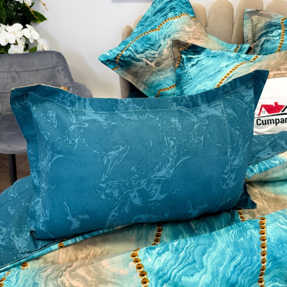Lenjerie pat dublu, Finet, 6 piese, Albastru Aqua, valuri abstracte, perle — imaginea 6