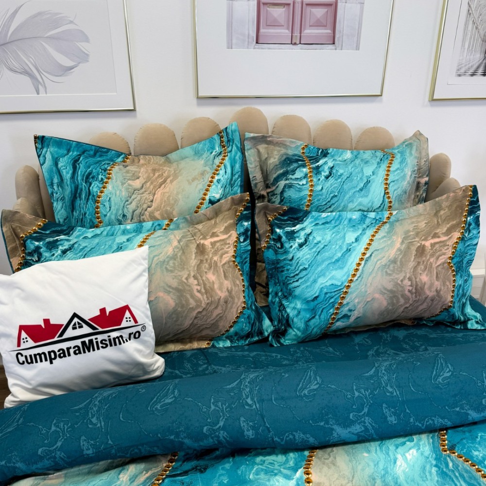 Lenjerie pat dublu, Finet, 6 piese, Albastru Aqua, valuri abstracte, perle — imaginea 7