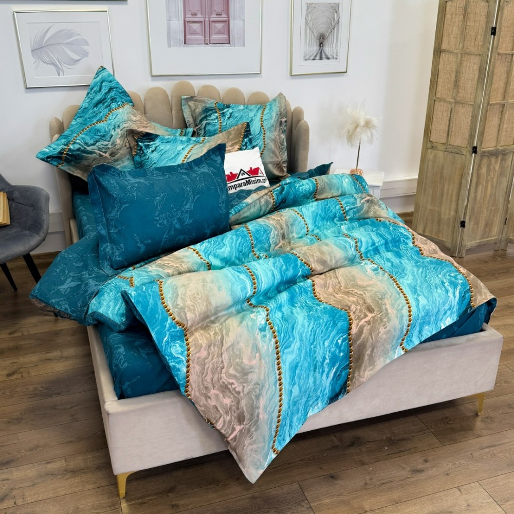 Lenjerie pat dublu, Finet, 6 piese, Albastru Aqua, valuri abstracte, perle — imaginea 8