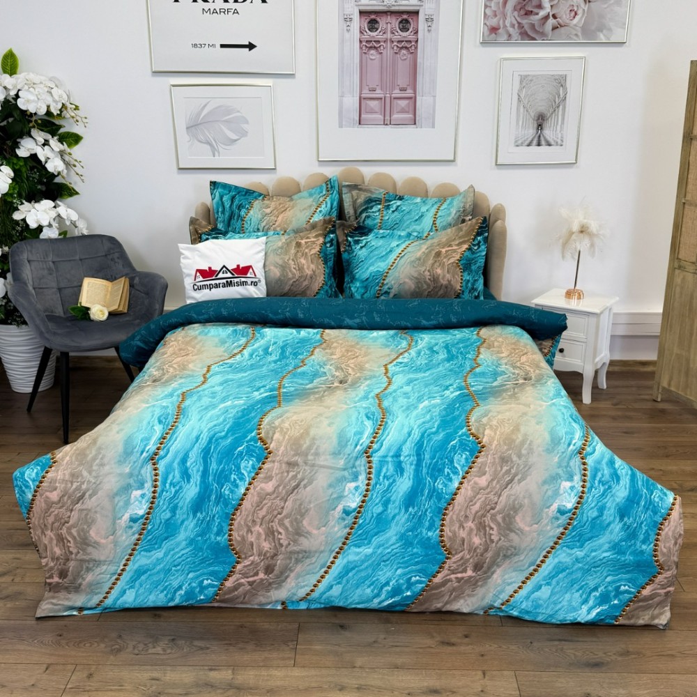 Lenjerie pat dublu, Finet, 6 piese, Albastru Aqua, valuri abstracte, perle — imaginea 9