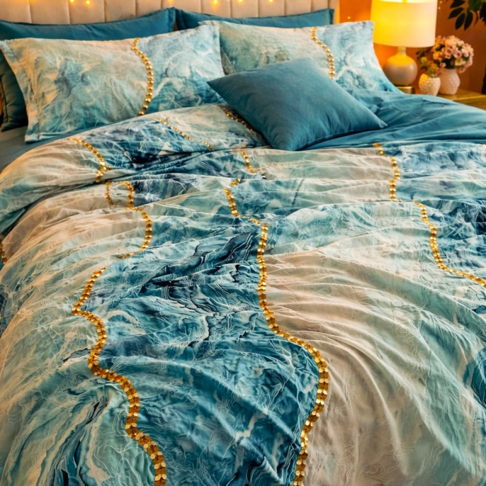 Lenjerie pat dublu, Finet, 6 piese, Albastru Aqua, valuri abstracte, perle — imaginea 11
