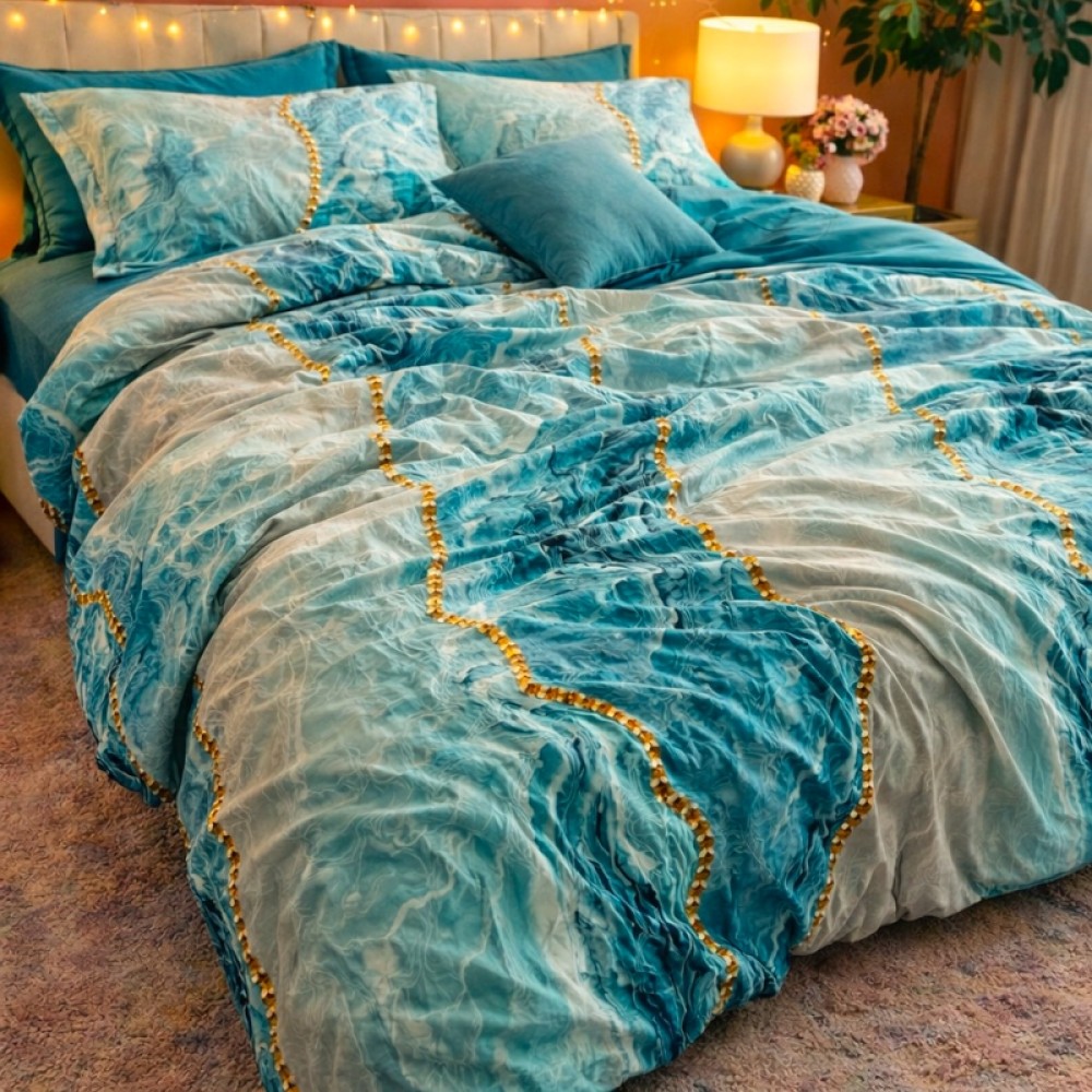 Lenjerie pat dublu, Finet, 6 piese, Albastru Aqua, valuri abstracte, perle — imaginea 12