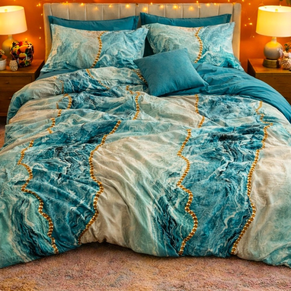 Lenjerie pat dublu, Finet, 6 piese, Albastru Aqua, valuri abstracte, perle — imaginea 13