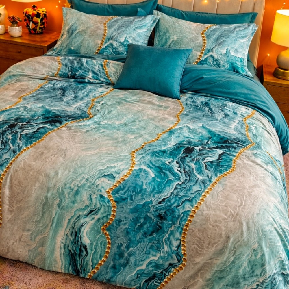 Lenjerie pat dublu, Finet, 6 piese, Albastru Aqua, valuri abstracte, perle — imaginea 14