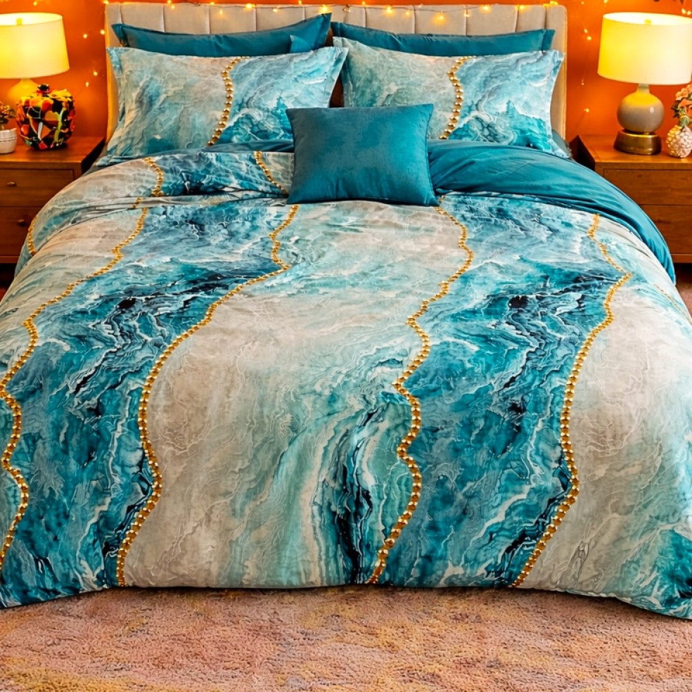 Lenjerie pat dublu, Finet, 6 piese, Albastru Aqua, valuri abstracte, perle — imaginea 15