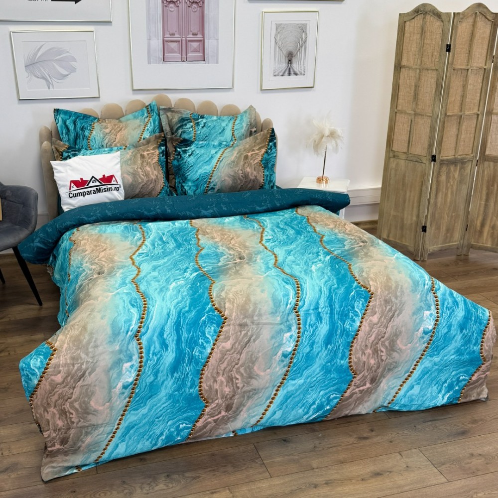 Lenjerie pat dublu, Finet, 6 piese, Albastru Aqua, valuri abstracte, perle — imaginea 16