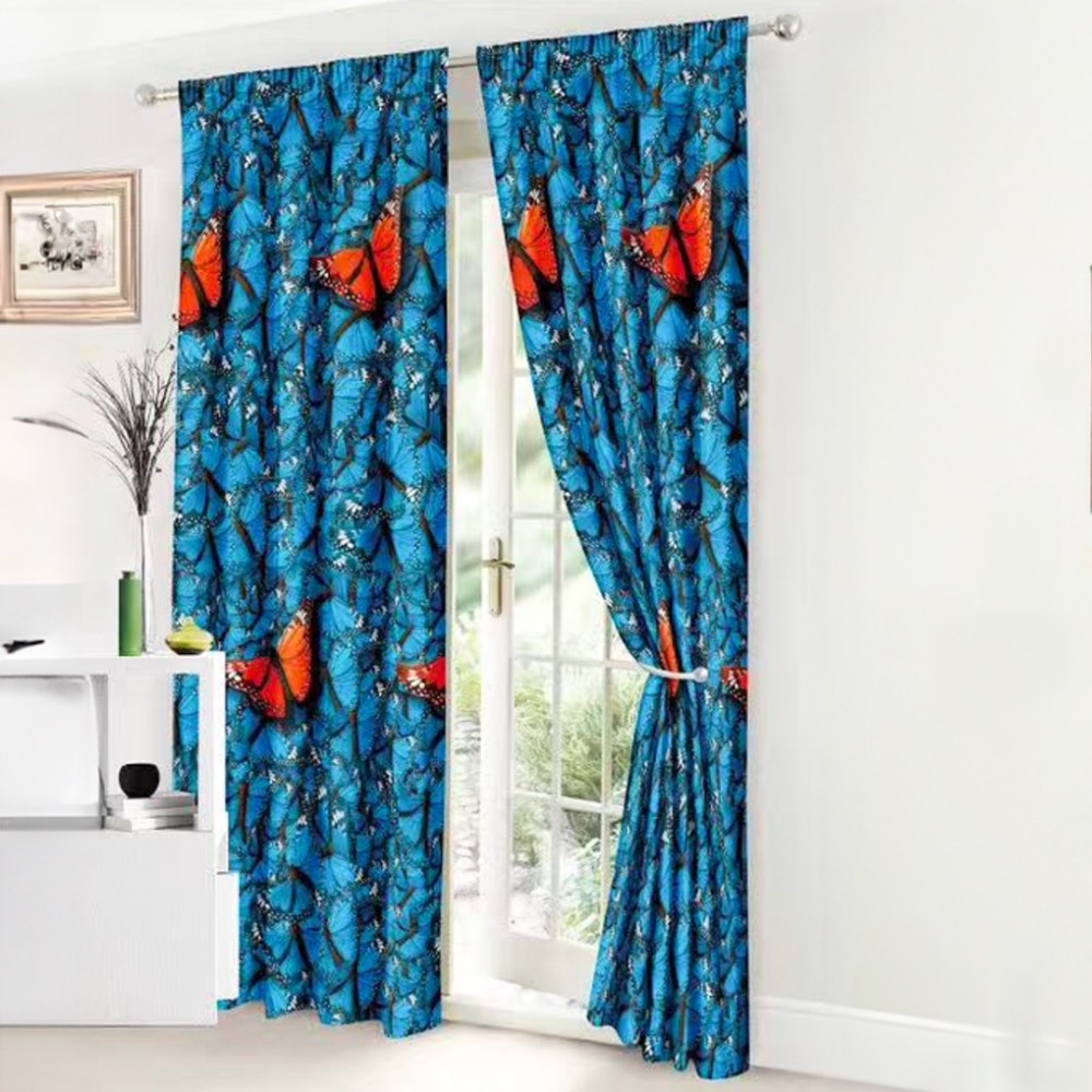 Lenjerie Pat Single, FINET, 6 piese, cu 2 DRAPERII INCLUSE, Albastru, Fluturi — imaginea 2