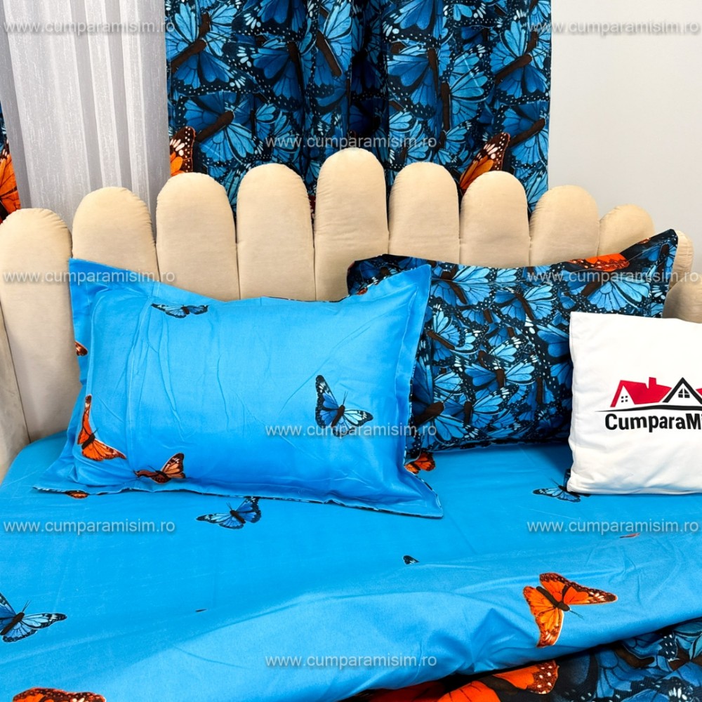 Lenjerie Pat Single, FINET, 6 piese, cu 2 DRAPERII INCLUSE, Albastru, Fluturi — imaginea 6