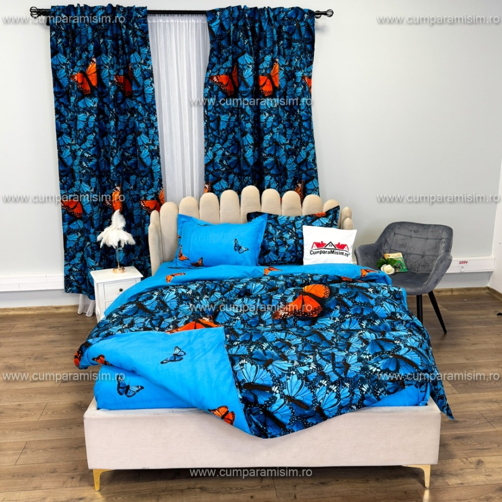 Lenjerie Pat Single, FINET, 6 piese, cu 2 DRAPERII INCLUSE, Albastru, Fluturi — imaginea 9