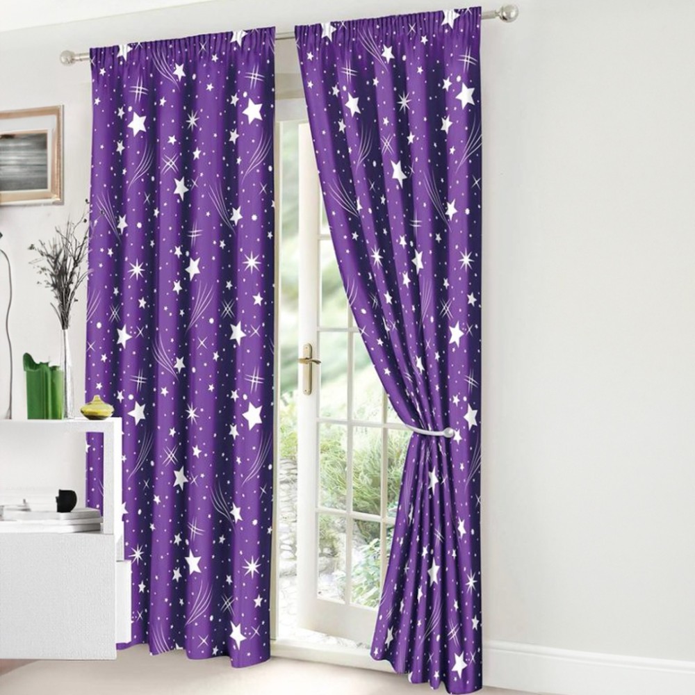 Set Lenjerie pat dublu cu Elastic (140x200cm) + 2 draperii, finet, 6 piese, Mov, Stelute — imaginea 2