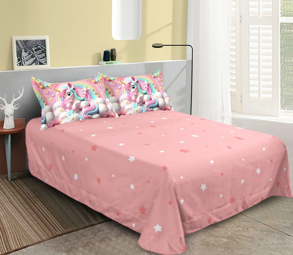Lenjerie pat dublu, Finet, 6 piese, Roz, unicorni - view 2