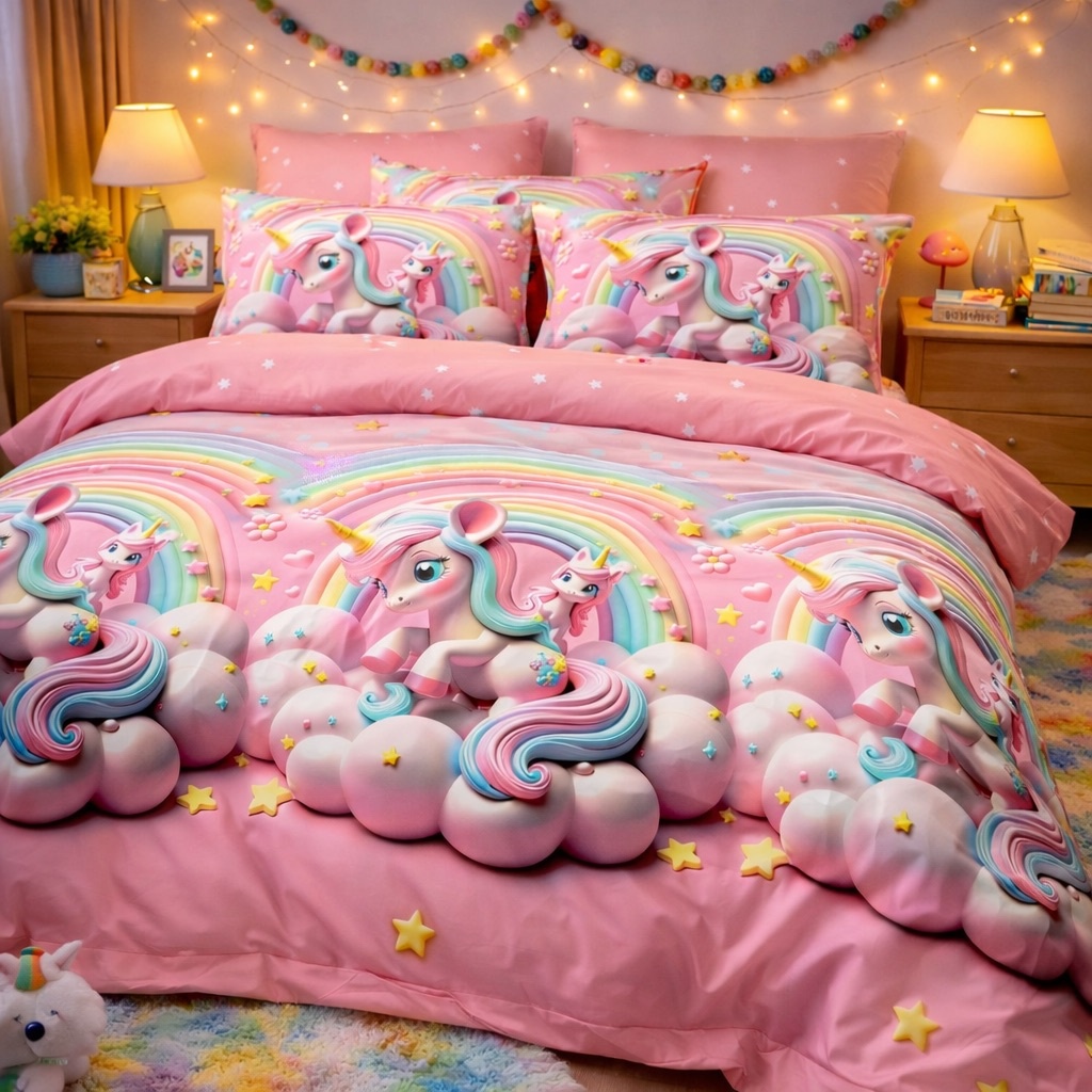 Lenjerie pat dublu, Finet, 6 piese, Roz, unicorni - view 3