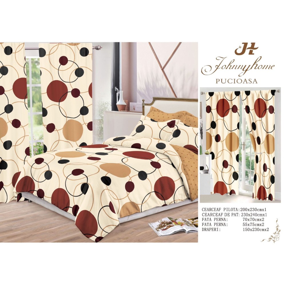 Set Lenjerie pat dublu (140x200cm, 160x200cm, 180x200cm) + 2 draperii, finet, 8 piese, Crem, Maro, cercuri, buline — imaginea 3