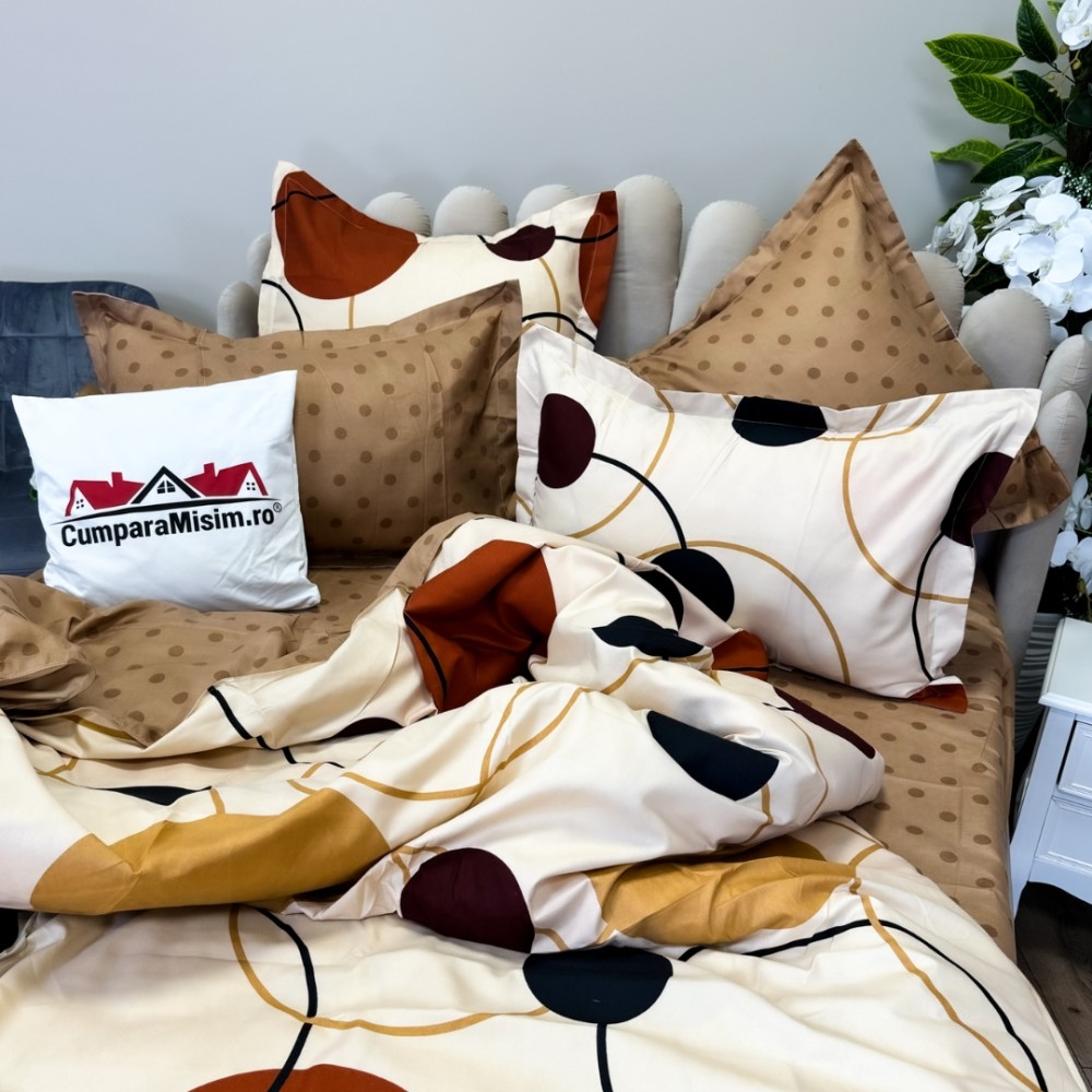 Set Lenjerie pat dublu (140x200cm, 160x200cm, 180x200cm) + 2 draperii, finet, 8 piese, Crem, Maro, cercuri, buline — imaginea 5