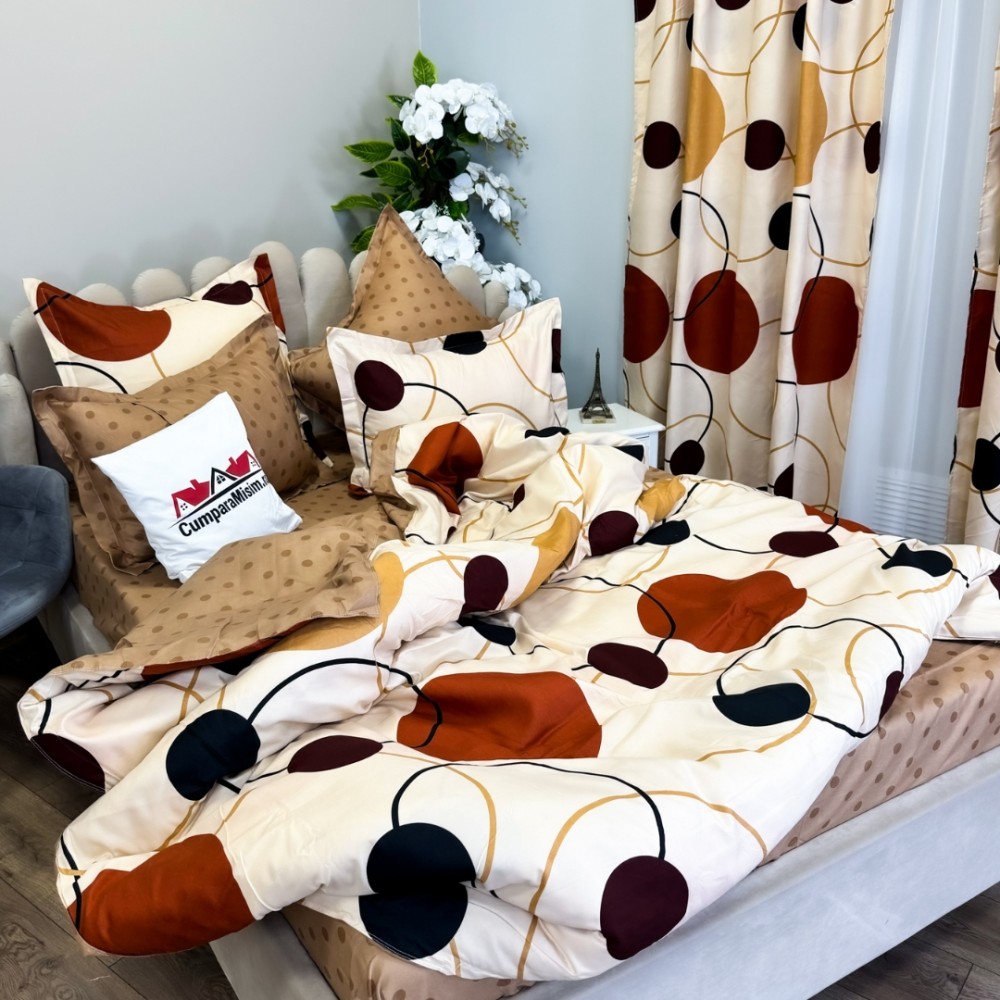 Set Lenjerie pat dublu (140x200cm, 160x200cm, 180x200cm) + 2 draperii, finet, 8 piese, Crem, Maro, cercuri, buline — imaginea 6