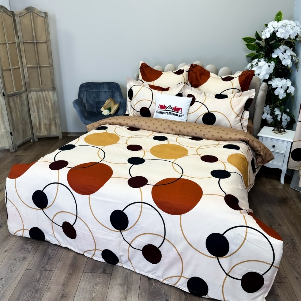 Set Lenjerie pat dublu (140x200cm, 160x200cm, 180x200cm) + 2 draperii, finet, 8 piese, Crem, Maro, cercuri, buline — imaginea 7