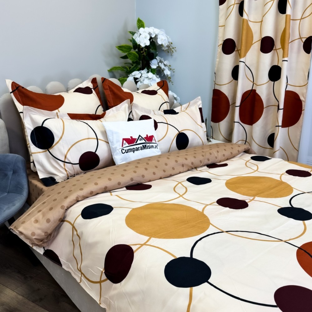 Set Lenjerie pat dublu (140x200cm, 160x200cm, 180x200cm) + 2 draperii, finet, 8 piese, Crem, Maro, cercuri, buline — imaginea 8
