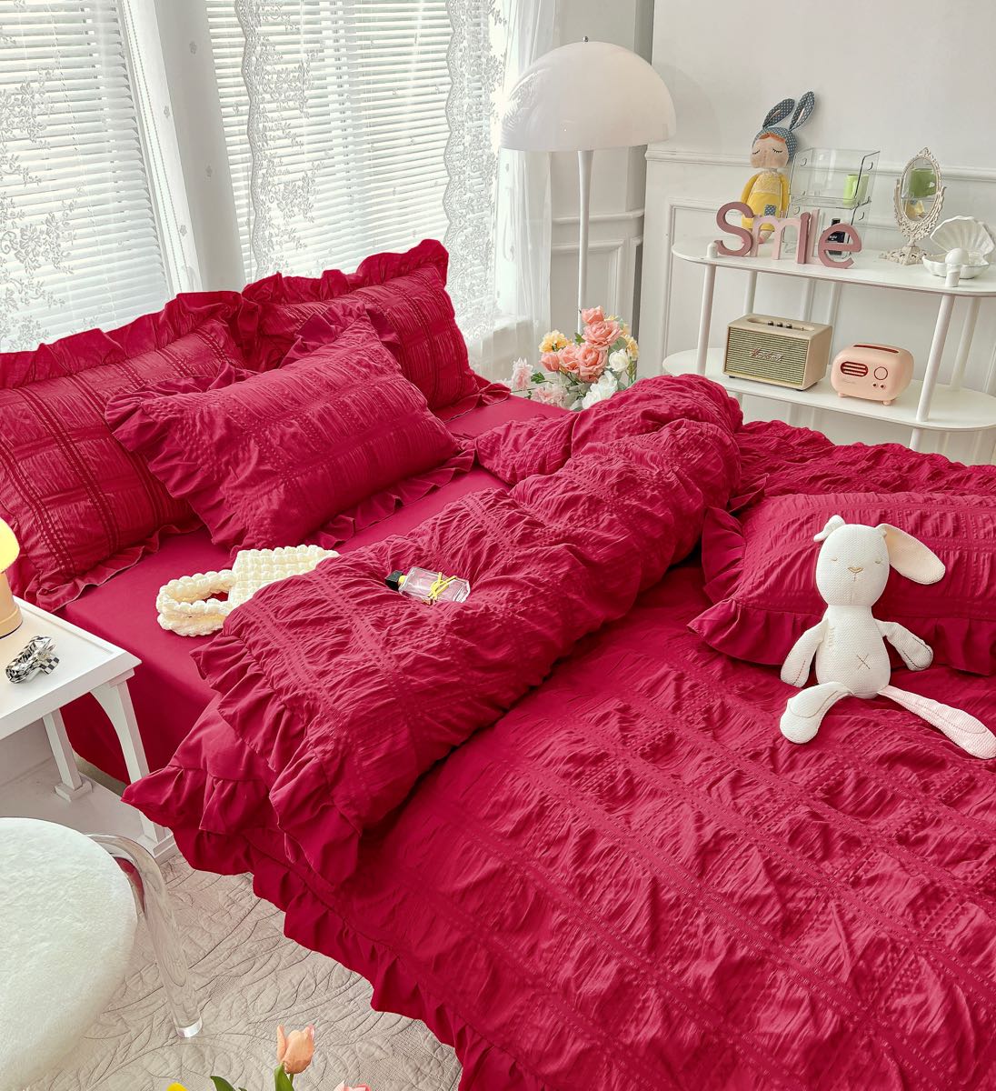 Lenjerie pat dublu,  Soft Touch CREPONAT DELUXE, 6 piese, Jojo Home, Rosu - view 2
