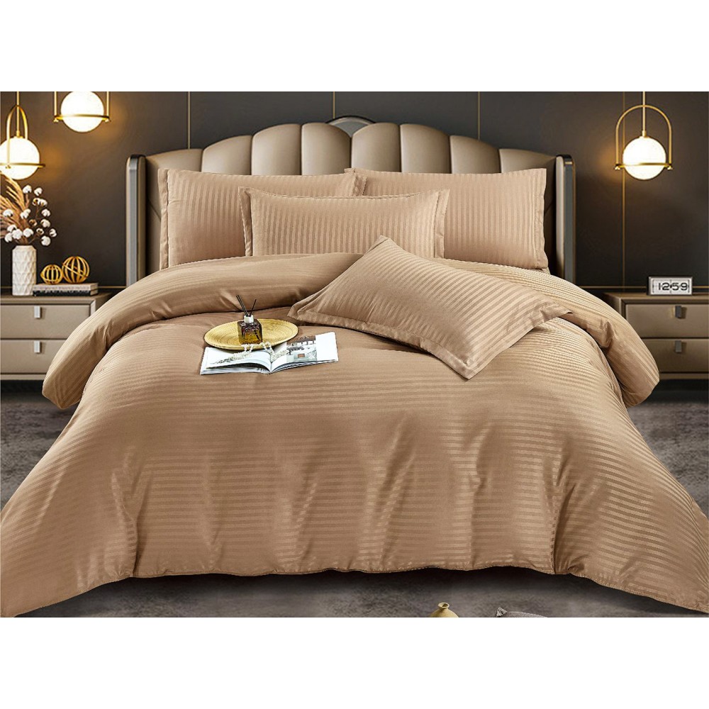 Lenjerie HoReCa, pat dublu, Damasc Finetat Deluxe cu Elastic, 6 piese, Jojo Home, Cappuccino - view 2
