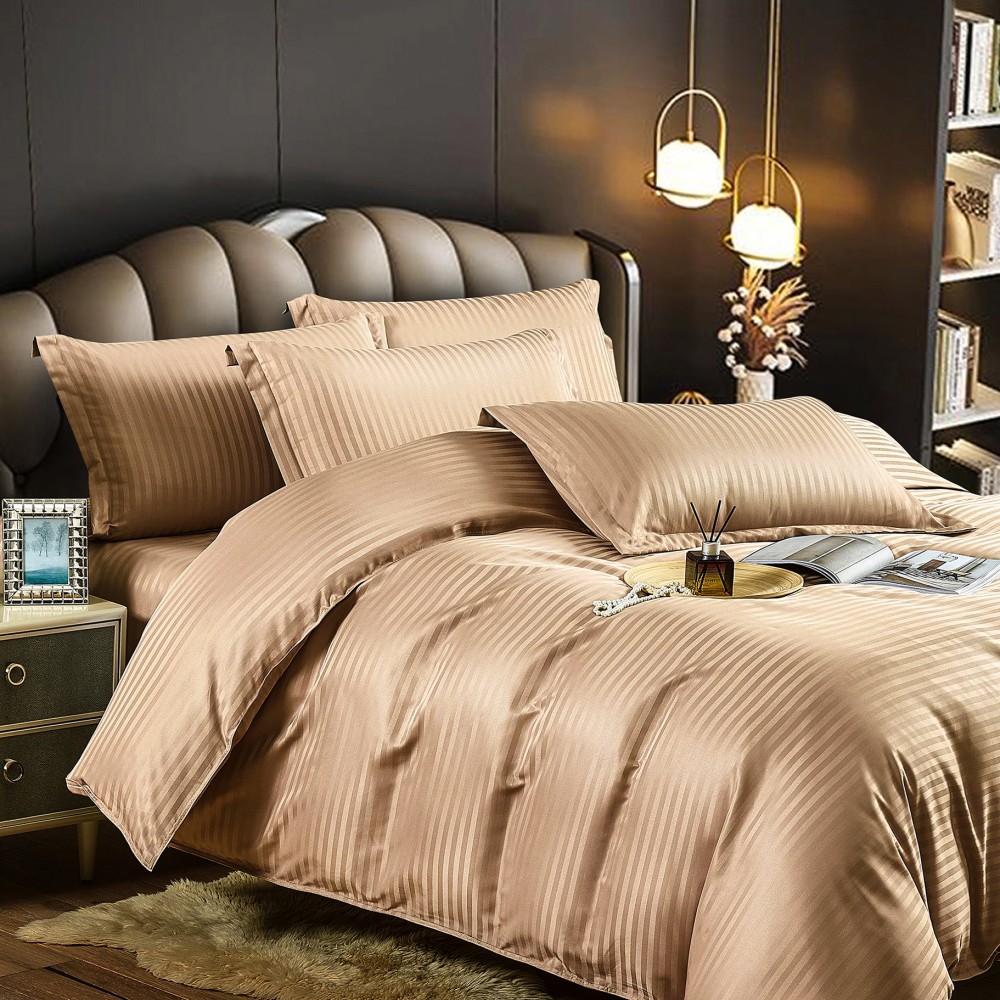 Lenjerie HoReCa, pat dublu, Damasc Finetat Deluxe cu Elastic, 6 piese, Jojo Home, Cappuccino - view 3