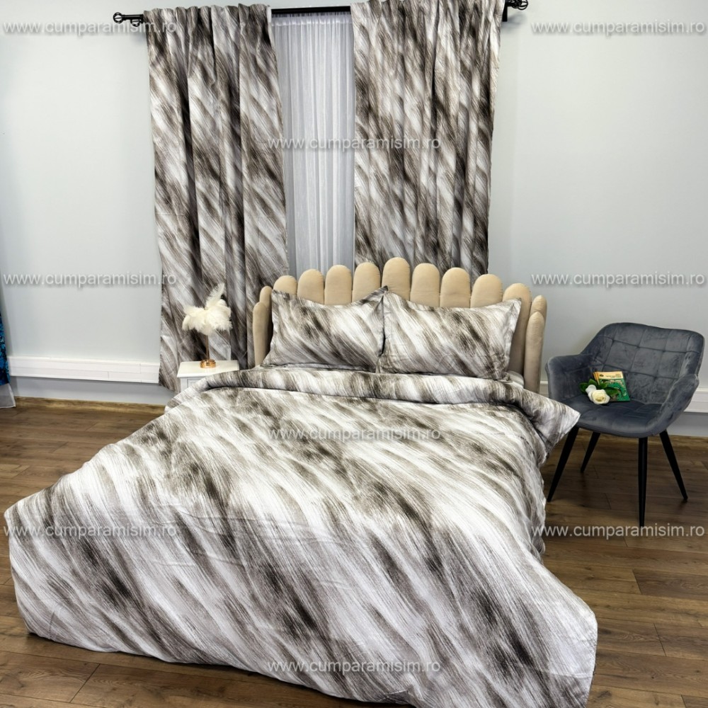 Set Lenjerie pat dublu cu Elastic (140x200cm) + 2 draperii, finet, 6 piese, Gri, Model Clasic — imaginea 3