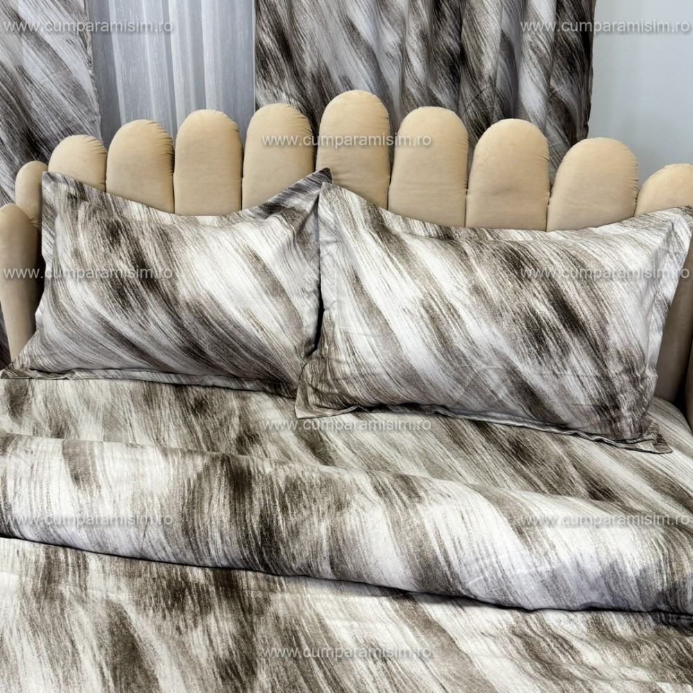 Set Lenjerie pat dublu cu Elastic (140x200cm) + 2 draperii, finet, 6 piese, Gri, Model Clasic — imaginea 5