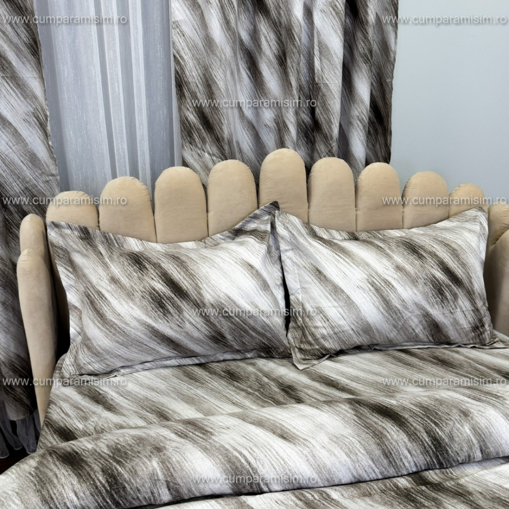 Set Lenjerie pat dublu cu Elastic (140x200cm) + 2 draperii, finet, 6 piese, Gri, Model Clasic — imaginea 6
