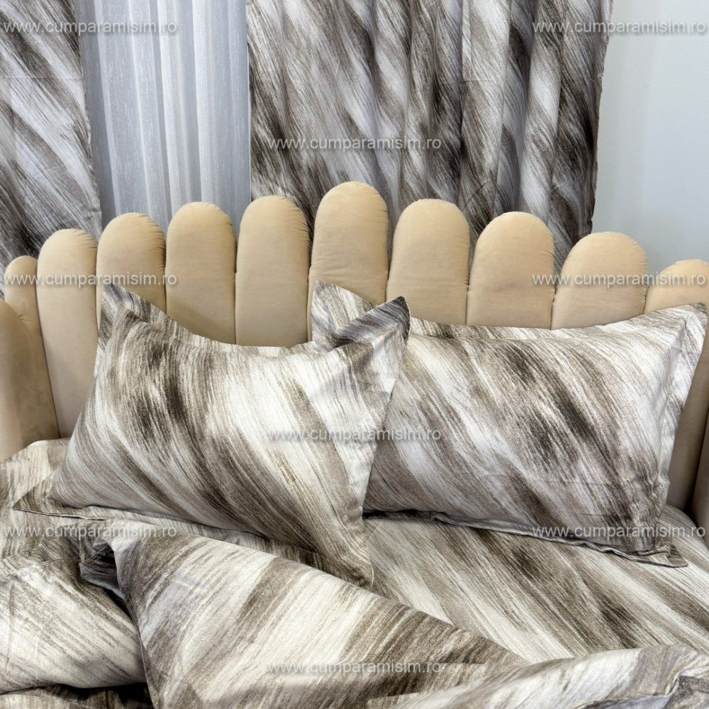 Set Lenjerie pat dublu cu Elastic (140x200cm) + 2 draperii, finet, 6 piese, Gri, Model Clasic — imaginea 7