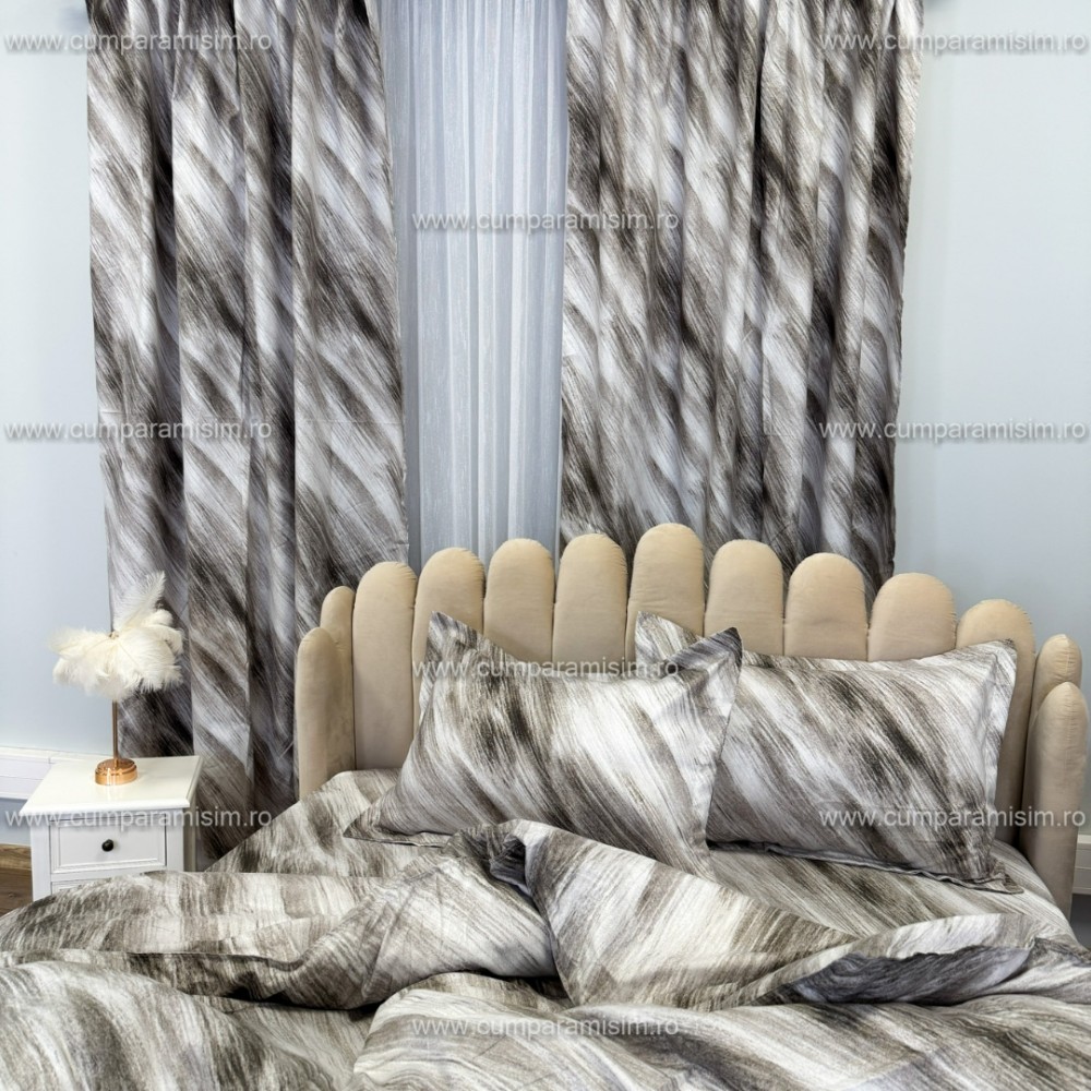 Set Lenjerie pat dublu cu Elastic (140x200cm) + 2 draperii, finet, 6 piese, Gri, Model Clasic — imaginea 8