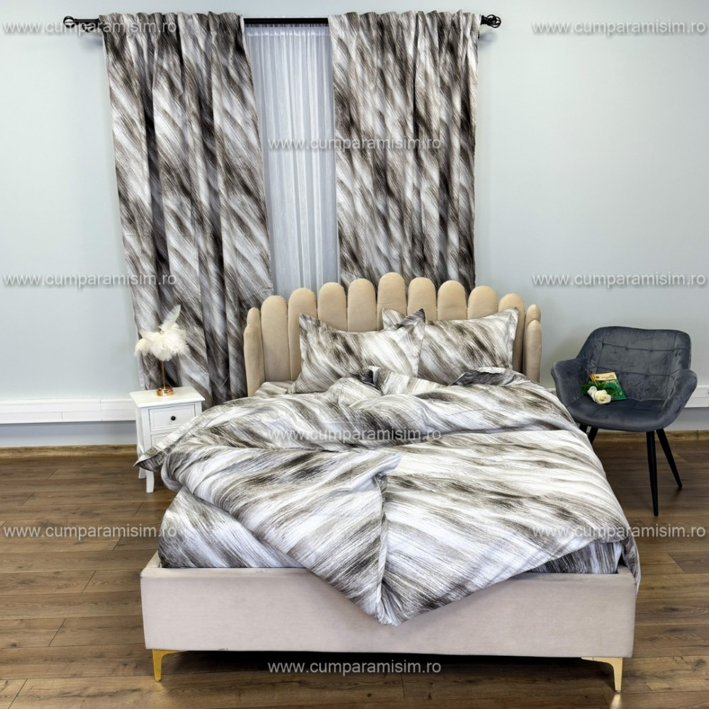 Set Lenjerie pat dublu cu Elastic (140x200cm) + 2 draperii, finet, 6 piese, Gri, Model Clasic — imaginea 9