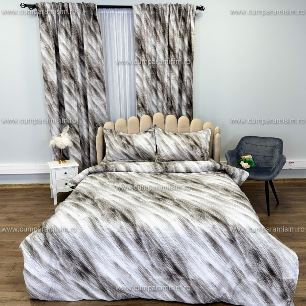 Set Lenjerie pat dublu cu Elastic (140x200cm) + 2 draperii, finet, 6 piese, Gri, Model Clasic — imaginea 10