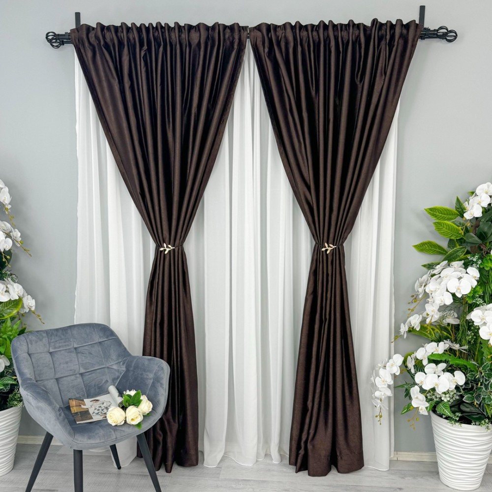 Set 2 Draperii Soft Touch, cu Aspect Fin si Tenta Satinata, 140cm latime x 260cm inaltime, cu TIV LAT, Maro inchis – imagine 3