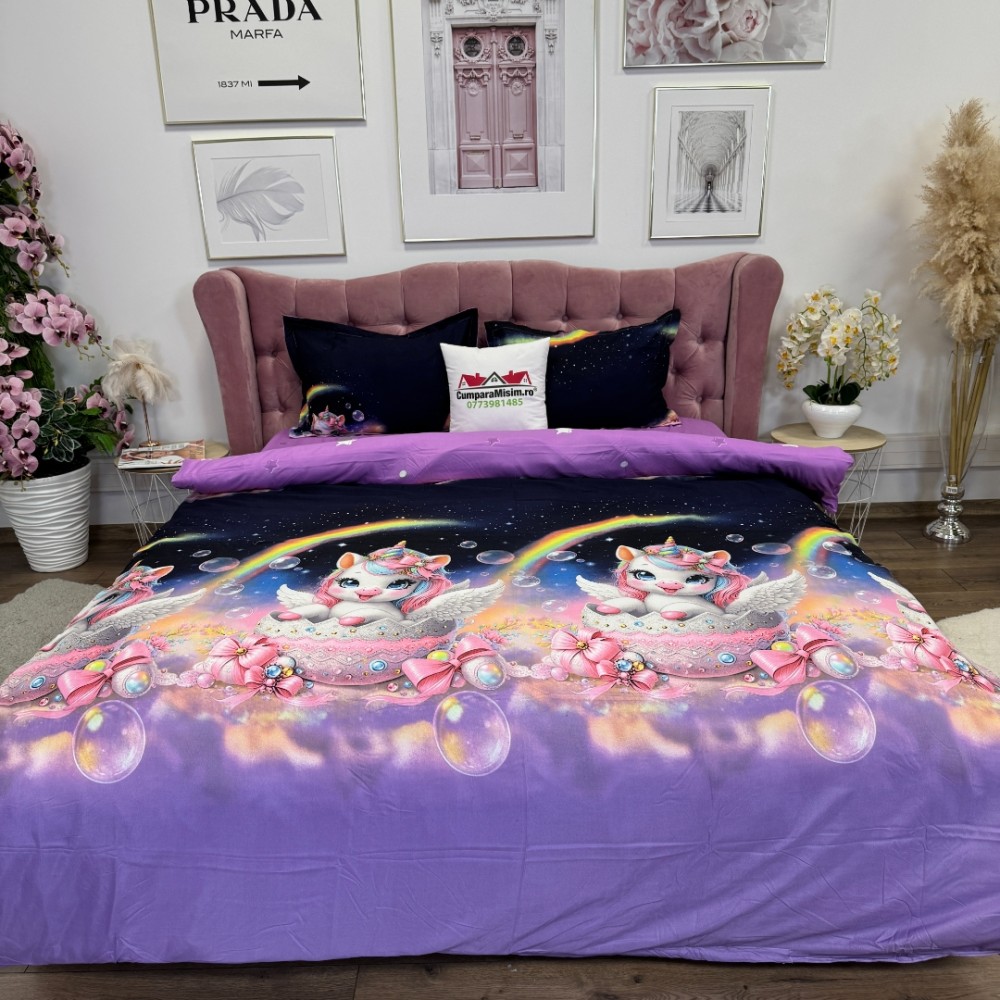 Lenjerie pat dublu, bumbac satinat, cearsaf clasic, 4 piese, Albastru, Mov, unicorni - view 10